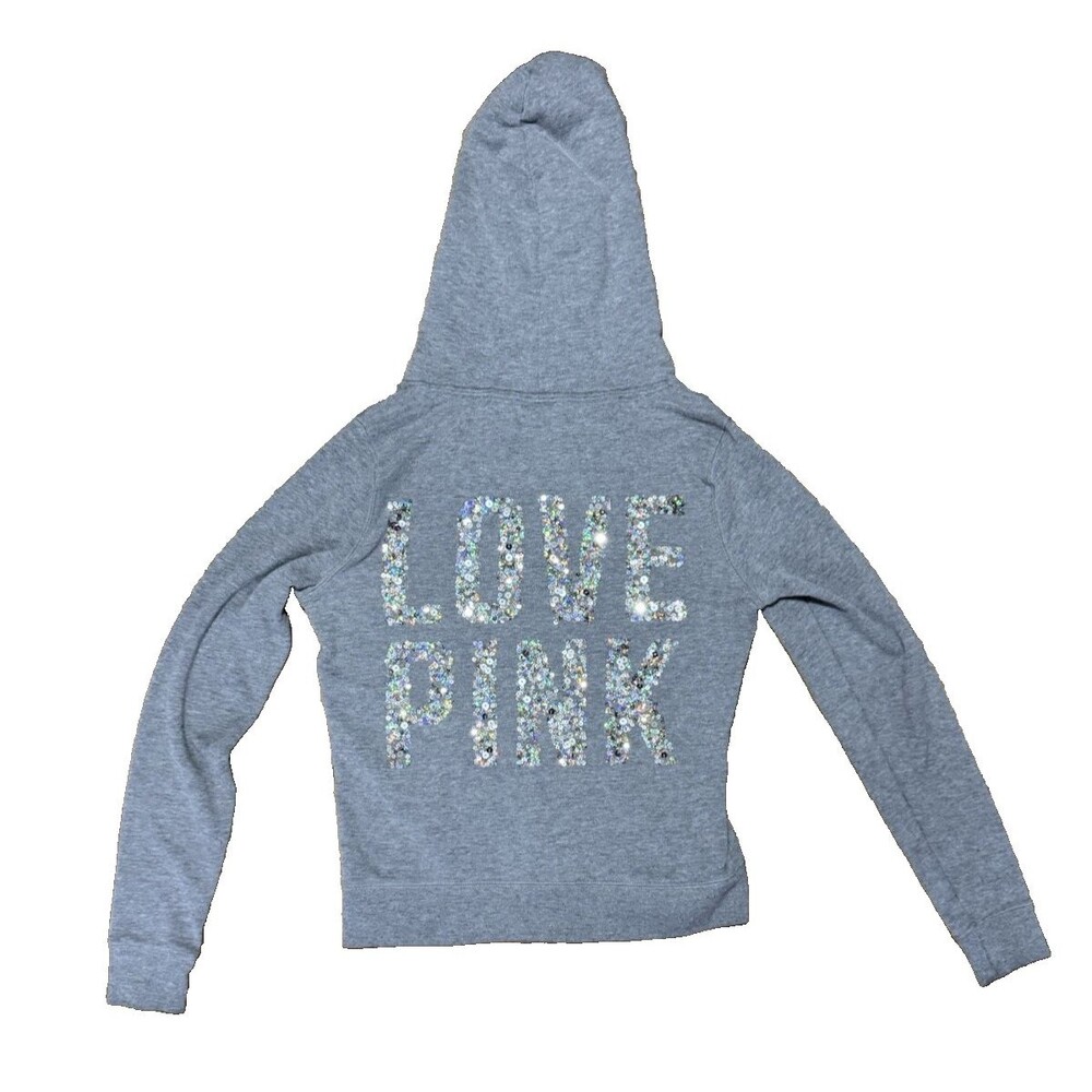 Love PINK Victoria’s Secret Bling Sequin Full Zip Grey Hoodie Small 2010s Dog
